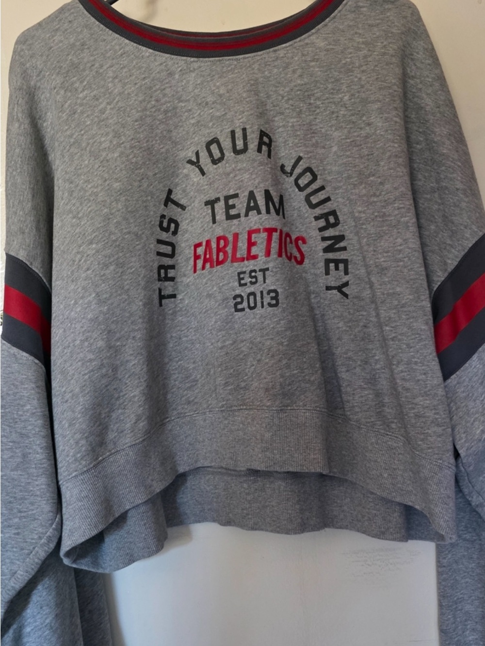 Fabletics Gray Crewneck Sweatshirt with Red and Dark Gray Stripes